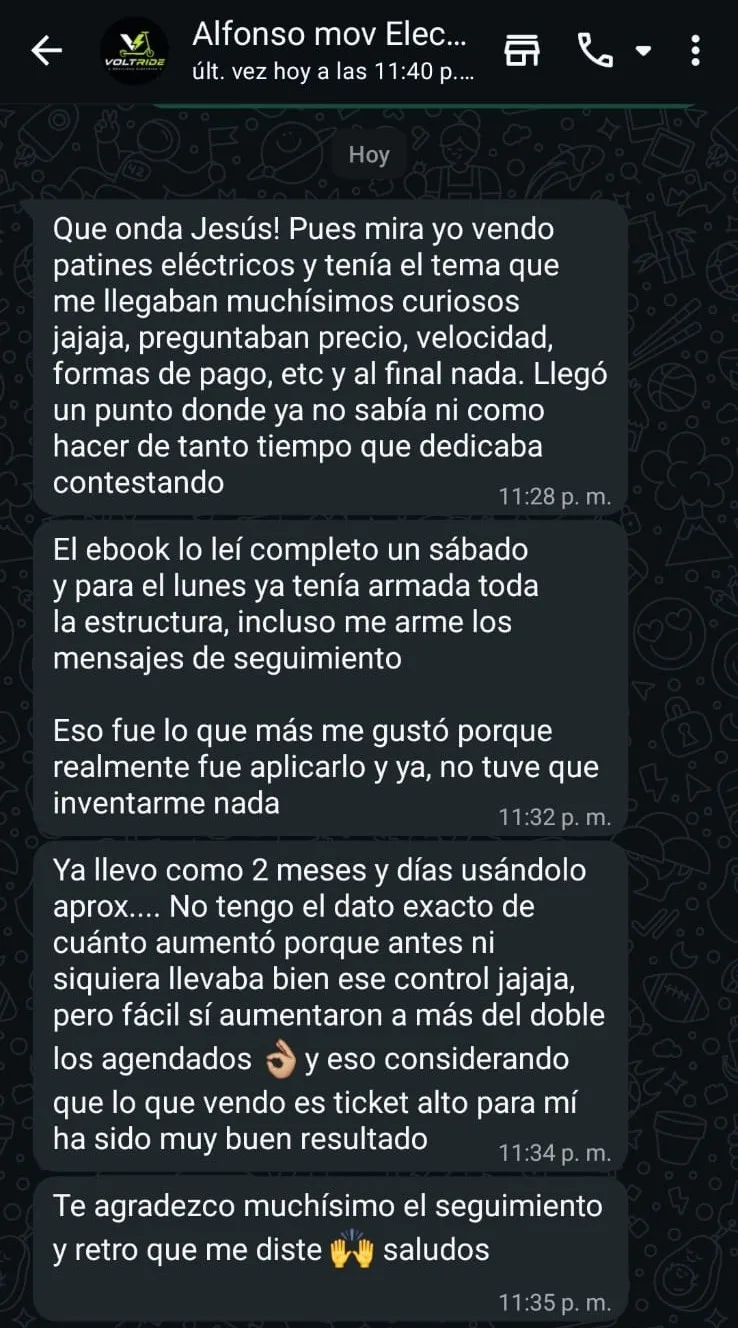 Conversación de WhatsApp de un cliente que vende scooters eléctricos