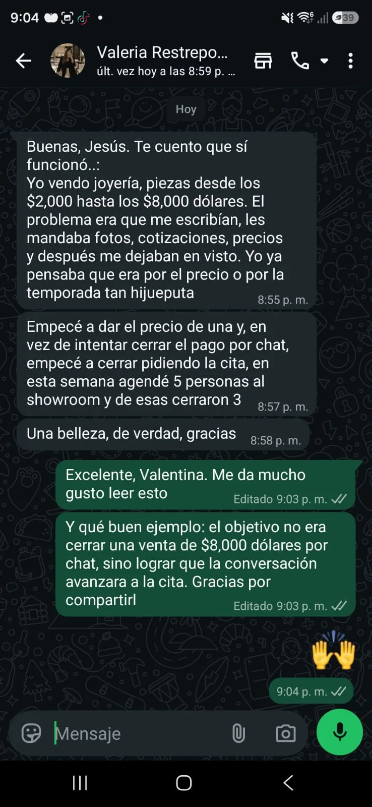 Conversación de WhatsApp de un cliente con joyería · ticket alto