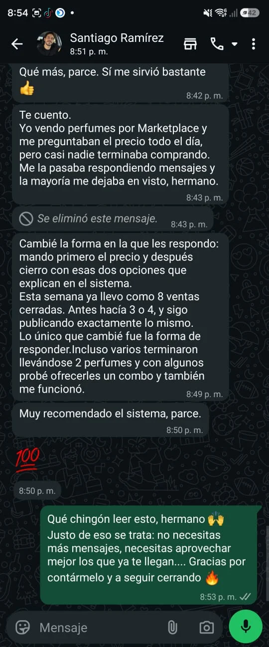 Conversación de WhatsApp vendiendo perfumes con el sistema Psicología del Mensaje